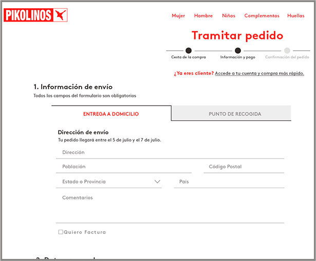 Image of the check out page of the Pikolinos website