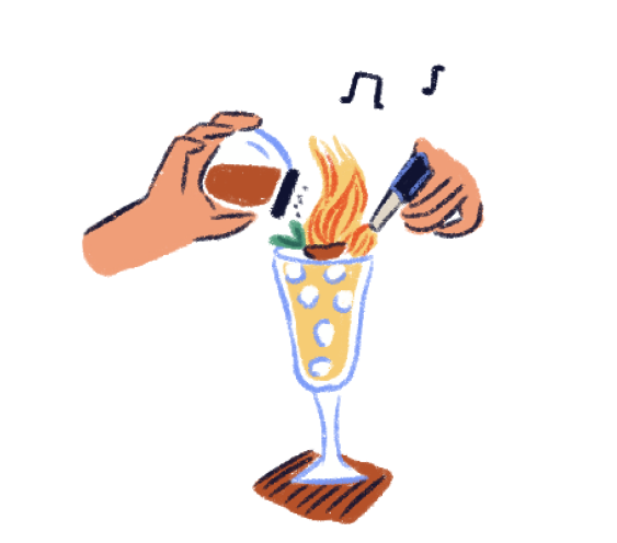 Illustration of hands making a cocktail in a glass