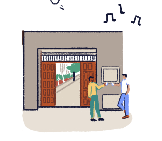 Illustration of two people having a drink at the entrance of the Carbonería