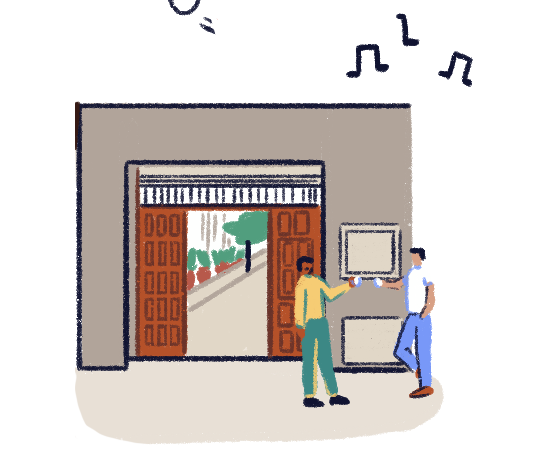 Illustration of two people having a drink at the entrance of the Carbonería