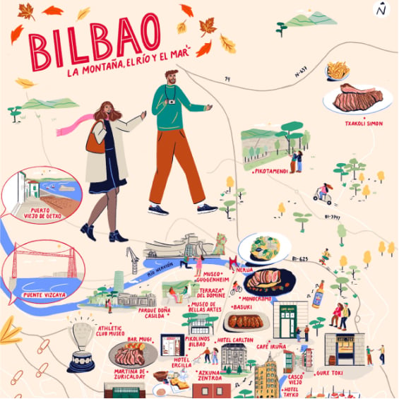 Mapa ilustrado de Bilbao con dos turistas caminando