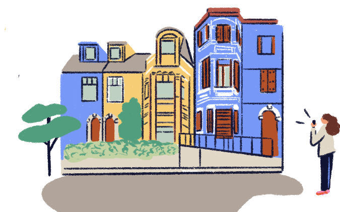 Illustration of a woman taking photos in the street of the colored houses