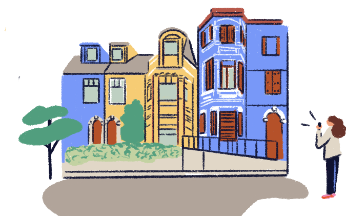 Illustration of a woman taking photos in the street of the colored houses