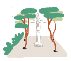 Illustration of a statue and some trees in the Plaza Santa María