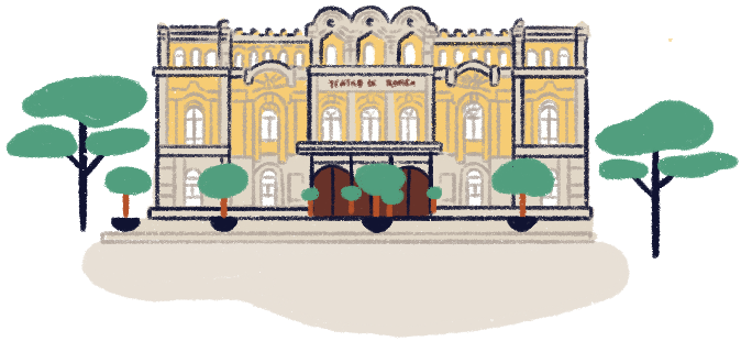 Illustration of a person taking a picture of the Romea theater.