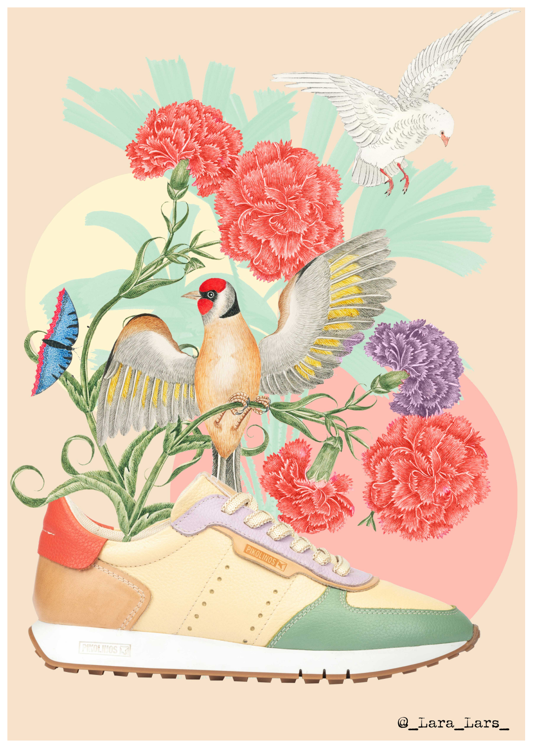Imagen de deportivo de mujer de colores sobre un dibujo creado por Lara Lars con hojas, mariposas y pájaros
