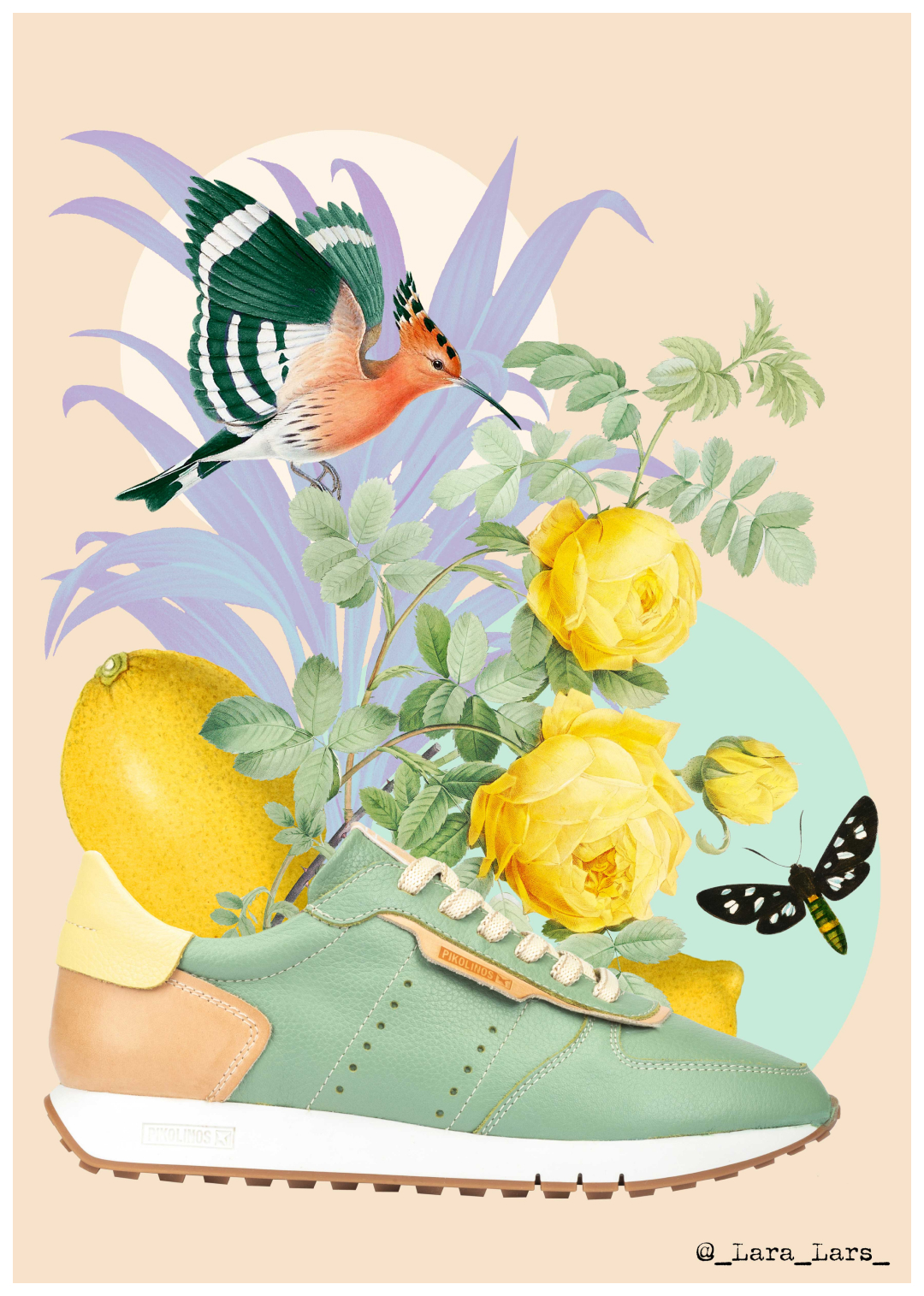 Imagen de deportivo de mujer verde sobre un dibujo creado por Lara Lars con hojas, flores, un limón y un pájaro