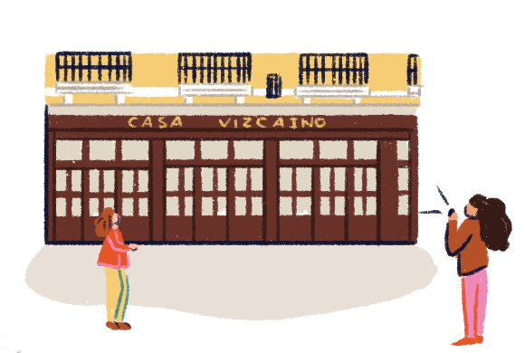 Illustration of two people at the door of Casa Vizcaíno