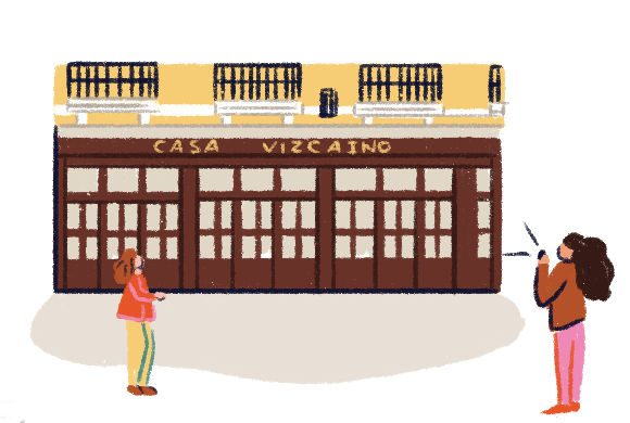 Illustration of two people at the door of Casa Vizcaíno