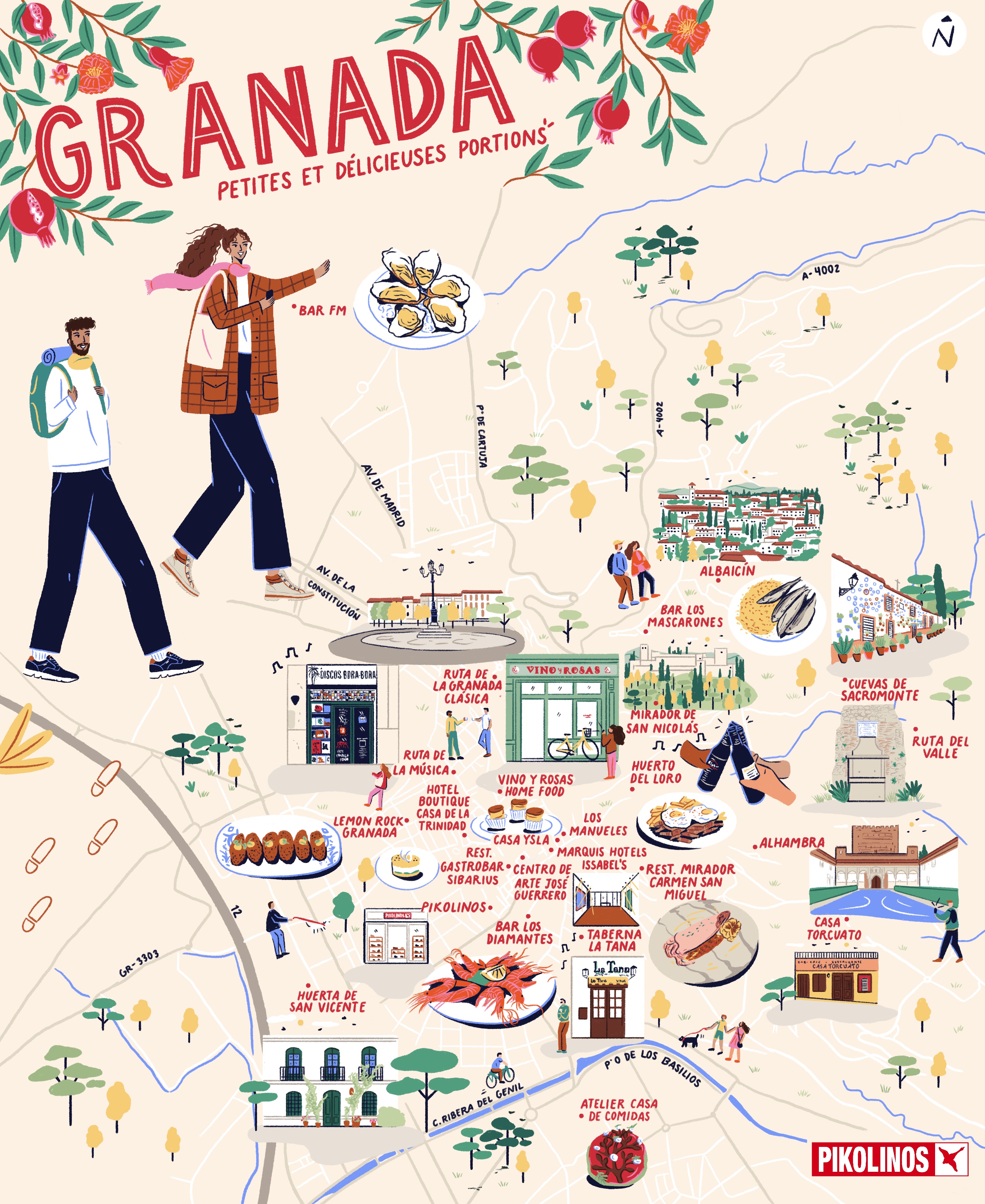 Illustration of two tourists walking around the map of Granada
