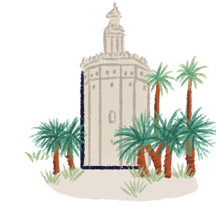 Illustration of a tower with palm trees at Paseo Cristobal Colón