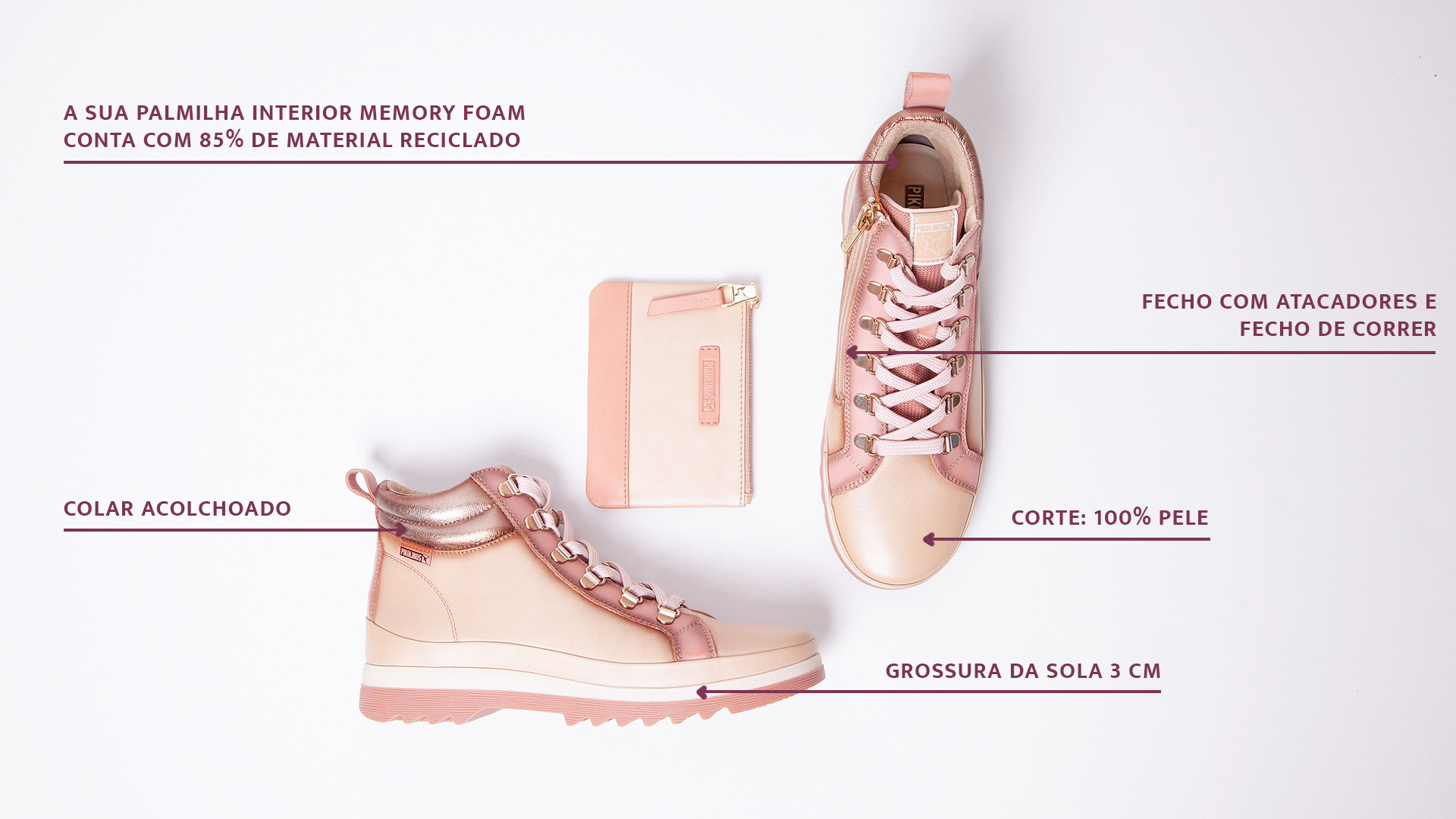 Picture Vigo ankle boots with their features and the pink purse on a white
        background