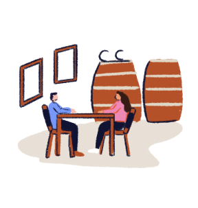 Illustration of people sitting at a table with barrels in the background