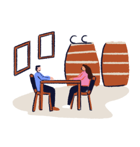 Illustration of people sitting at a table with barrels in the background