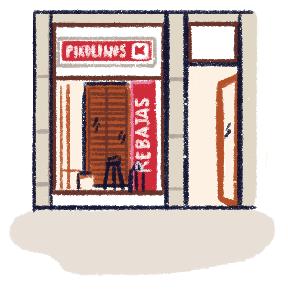 Illustration of the exterior of a Pikolinos shop.
                