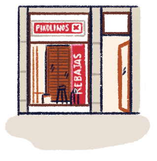 Illustration of the exterior of a Pikolinos shop.
                