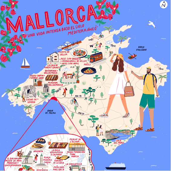 Mapa ilustrado de Mallorca con dos turistas caminando