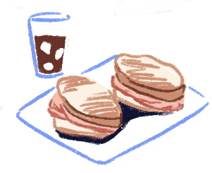 Illustration of two sandwiches with a glass