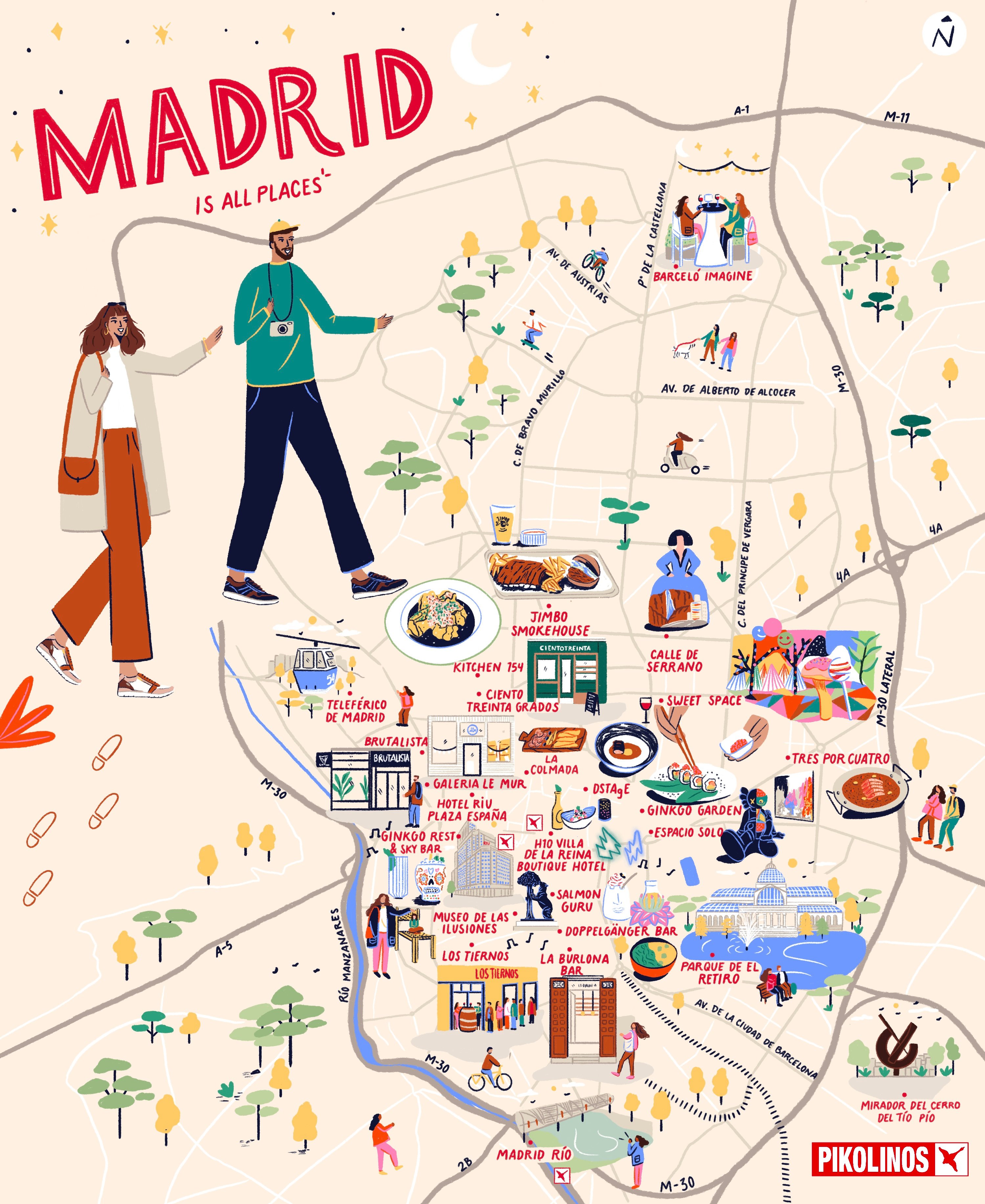 Illustrated map of Madrid with 2 tourists walking.