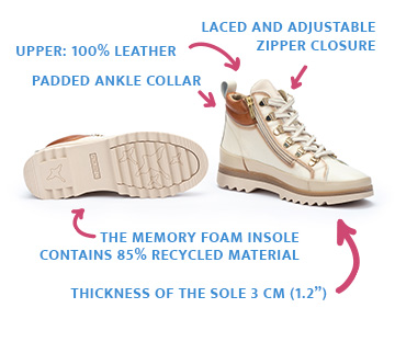 Image of a pair of Vigo model shoes in ivory color detailing the technical specifications of the model.