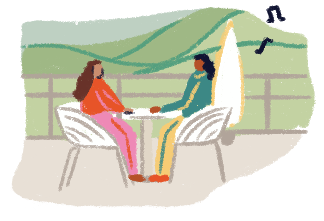 Illustration of two people sitting at a table on the Domine's terrace.