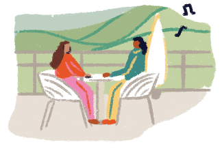 Illustration of two people sitting at a table on the Domine's terrace.