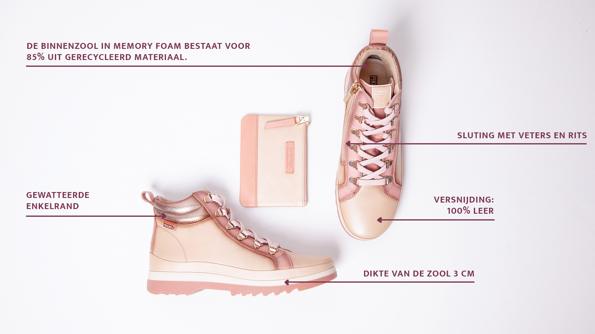 Picture Vigo ankle boots with their features and the pink purse on a white
        background