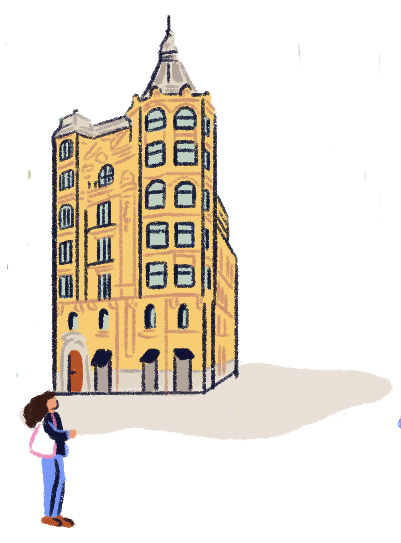 Illustration of a person in front of the Tayko Hotel.