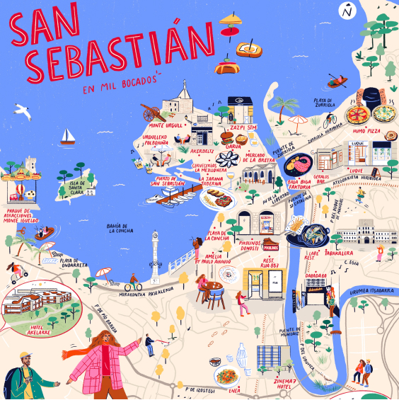 Mapa ilustrado de San Sebastián con dos turistas caminando