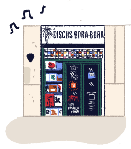 Ilustración de la tienda de discos Bora-Bora