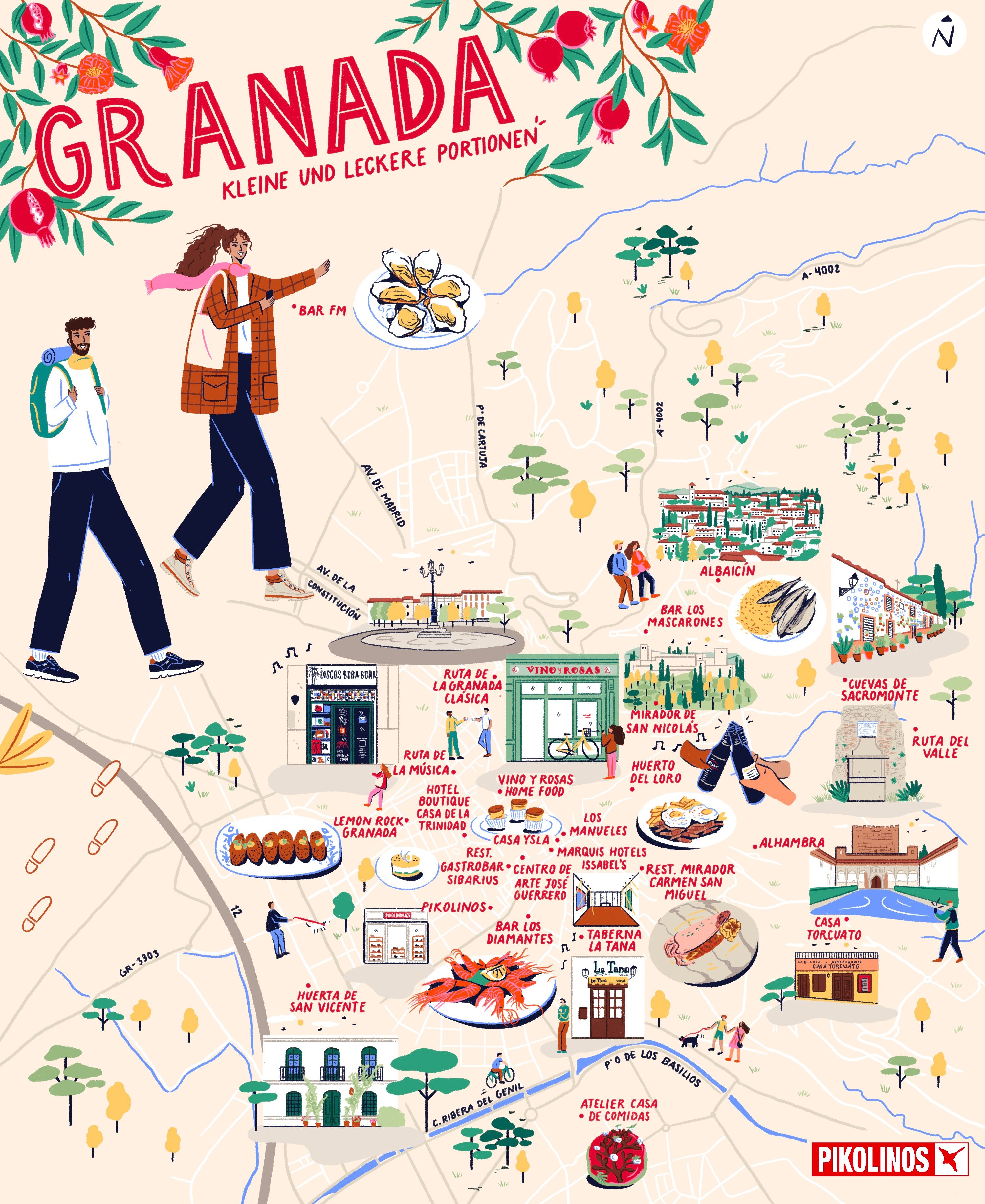 Illustration of two tourists walking around the map of Granada