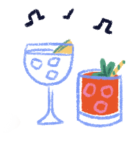 Illustration de deux cocktails avec des notes de musique.
                