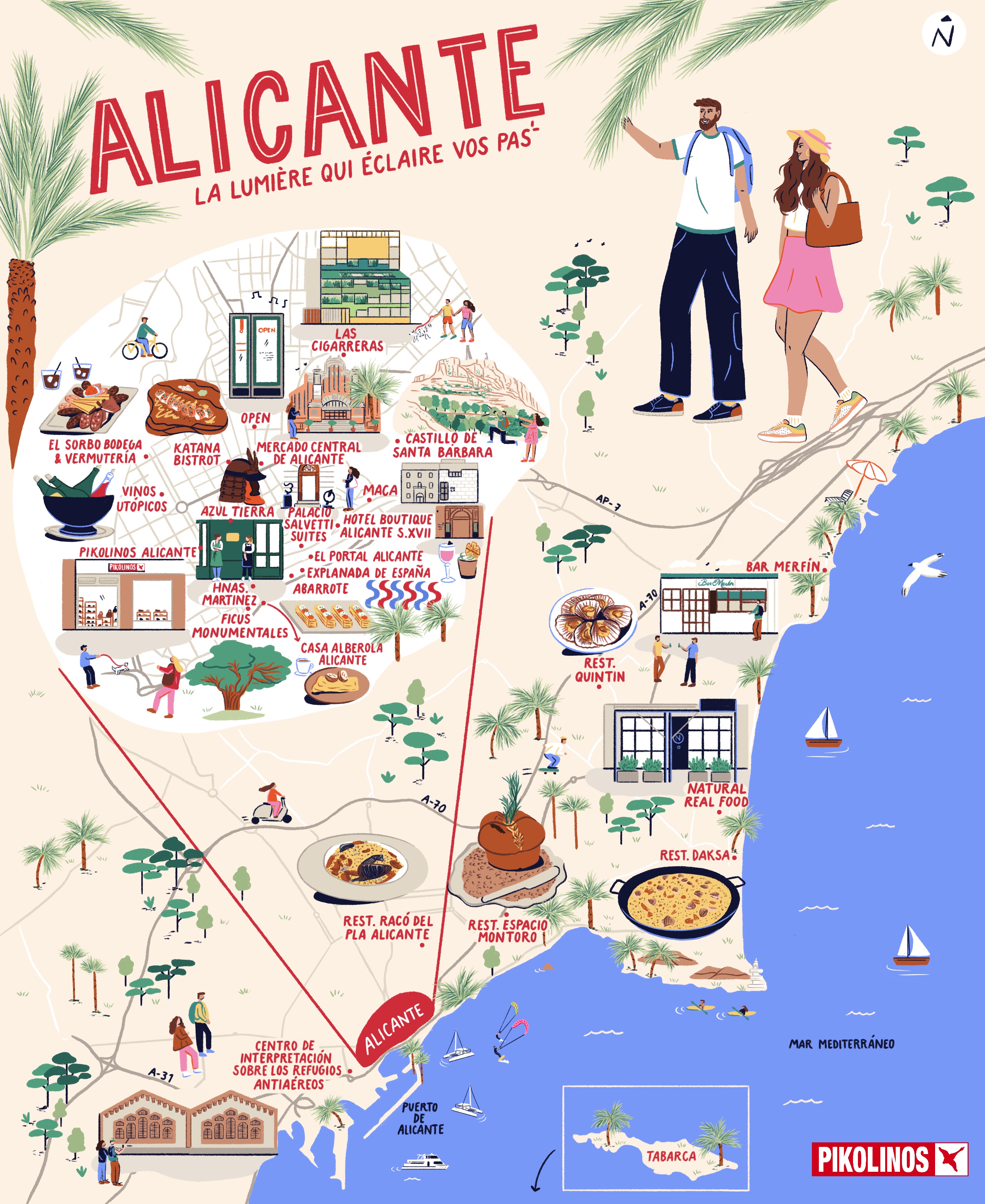 Illustration map of Alicante with drawings of characteristic things of the place and two tourists