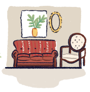 Ilustración de un sofá, una silla, un espejo y un cuadro de una planta.