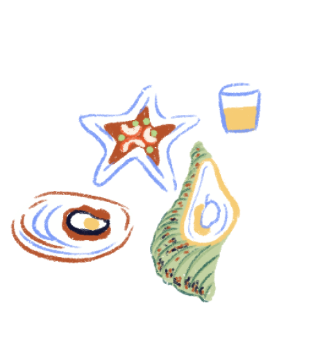Illustration of seafood and a glass