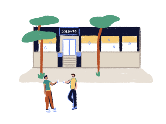 Illustration of people at the entrance of the Jacinto Rest restaurant.