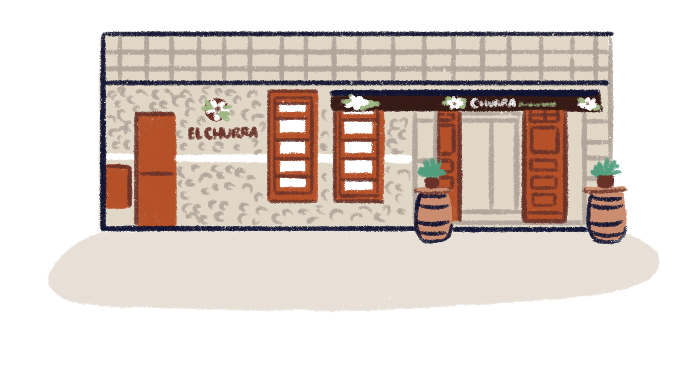 Illustration of the facade and entrance of El Churra Restaurant.