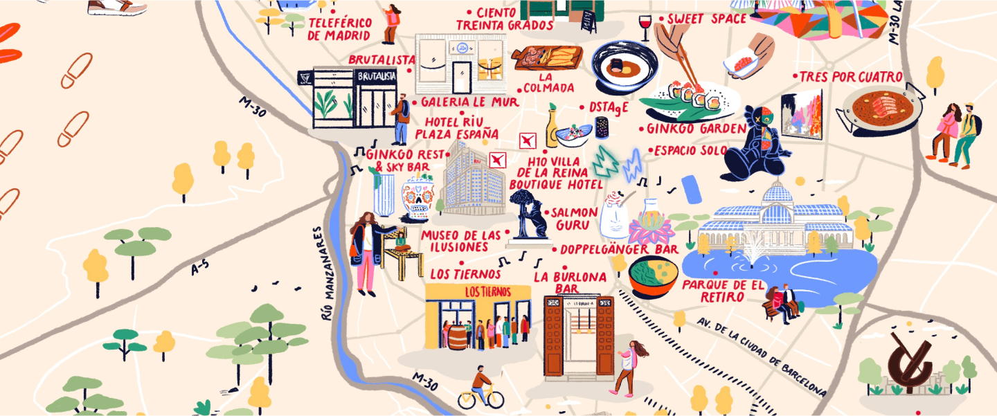 Mapa de Madrid ilustrado, con los lugares más emblemáticos destacados.