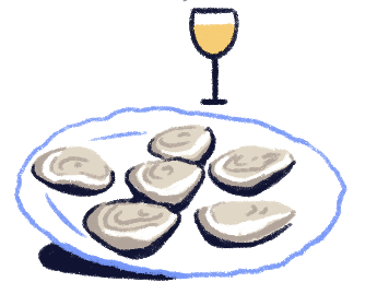 Illustration of a plate with seafood and a glass of wine.