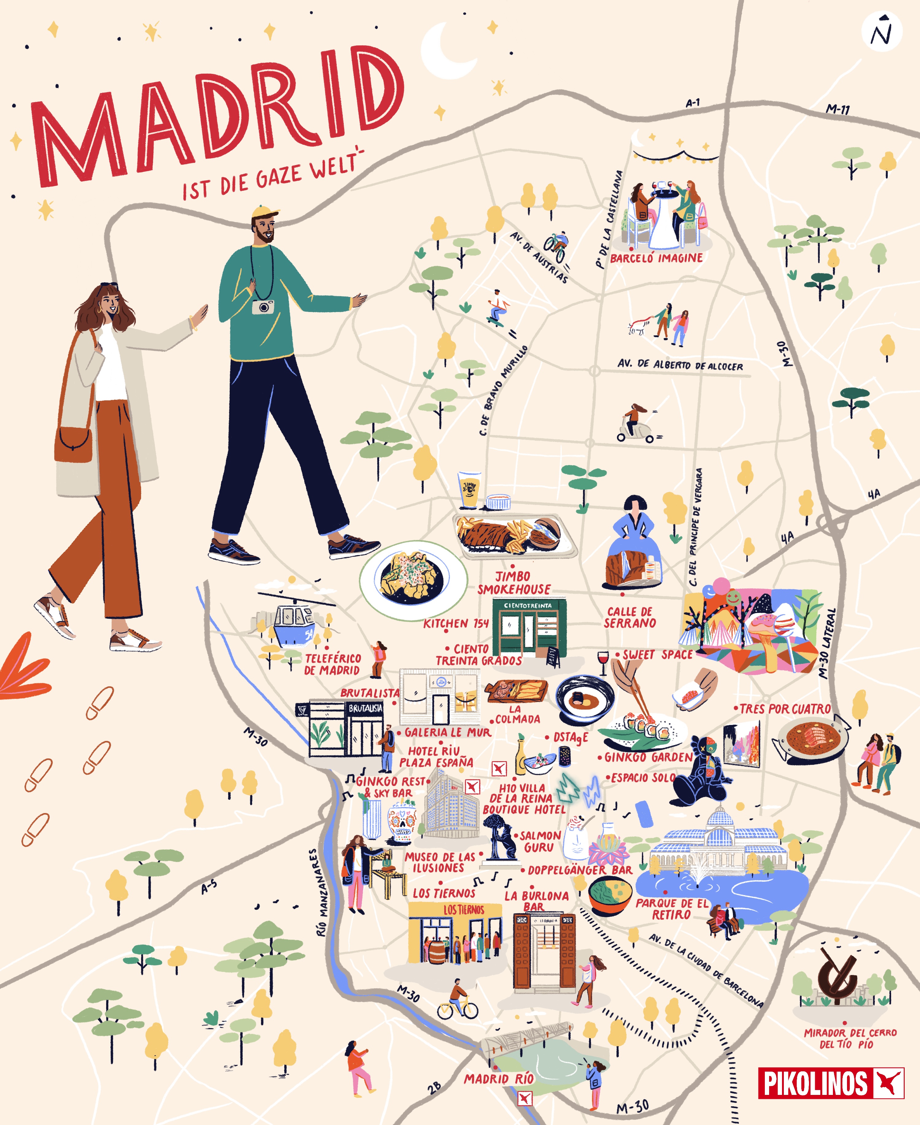 Illustrierte Karte von Madrid mit 2 Touristen zu Fuß.