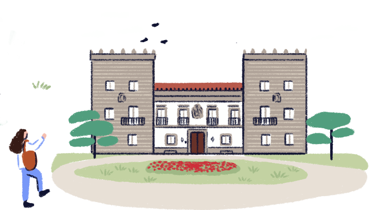 Ilustración del Pazo Quiñones de León y sus jardines, un edificio histórico con forma de castillo.