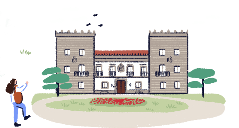 Illustration of Pazo Quiñones de León and its gardens, a historic building in the shape of a castle