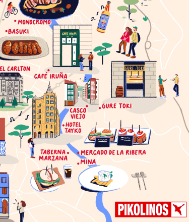 Bilbao map illustration with drawings of some places in the capital.