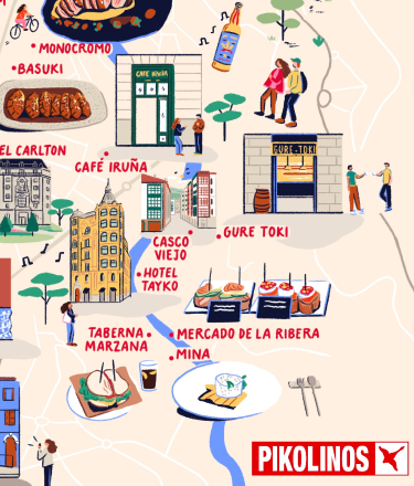 Ilustración mapa Bilbao con dibujos de algunos lugares de la capital. 