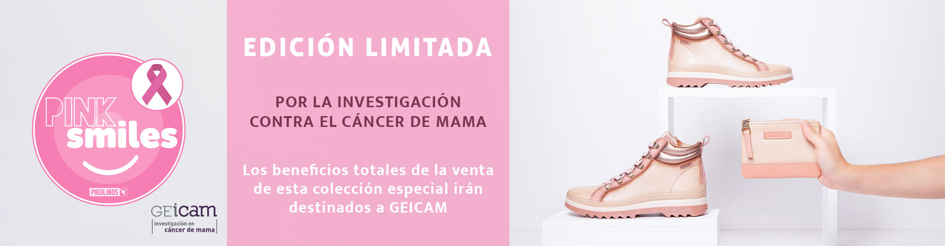 Logo rosa de Pink Smiles con GEicam. Edición limitada por la investigación contra el cáncer de mama. Los beneficios totales de la venta de esta colección especial irán destinados a GEICAM.