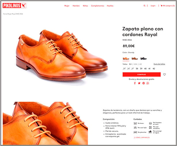 Ficha de producto de unos zapatos con cordones Pikolinos