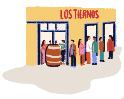 Illustration of the entrance of the restaurant “Los Tiernos” full of people.