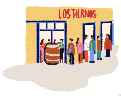 Illustration of the entrance of the restaurant “Los Tiernos” full of people.