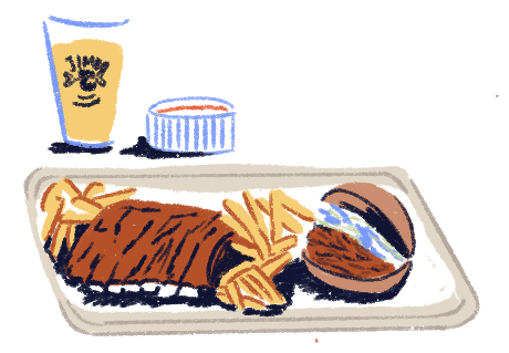 Illustration of a tray with assorted food.