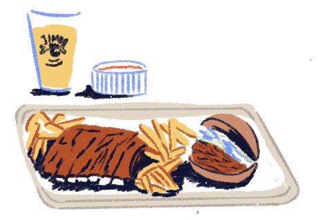 Illustration of a tray with assorted food.